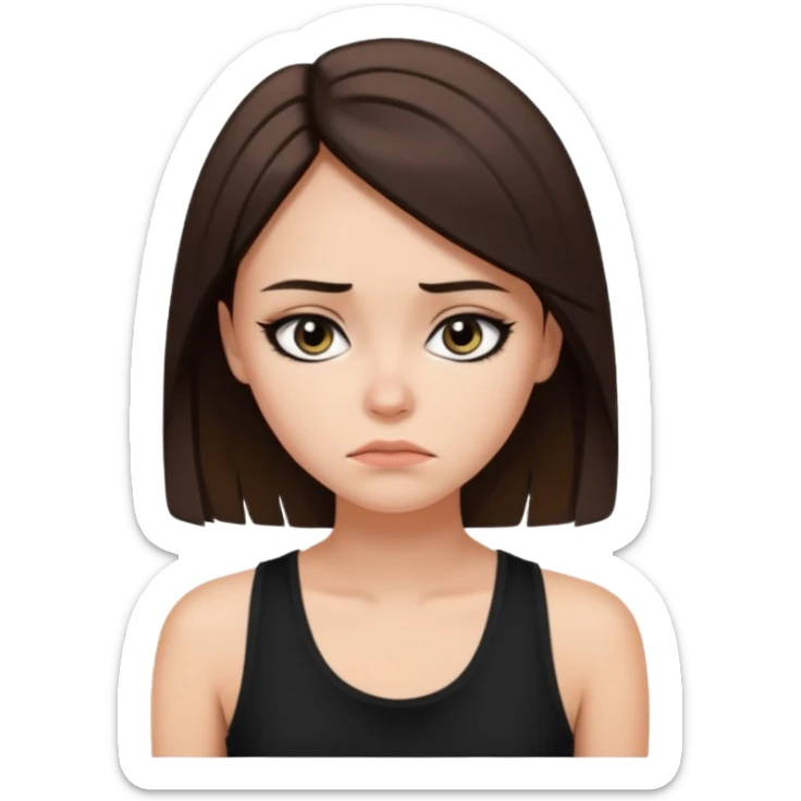 a fair girl with straight brunette hair, black tank top, eyeliner on. Looking sad sticker