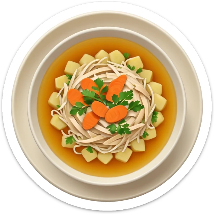 Emoji of a Mexican chicken broth (consomé de pollo): a warm golden soup with bits of shredded chicken, carrot, potato, and cilantro in a simple round bowl, viewed from above sticker