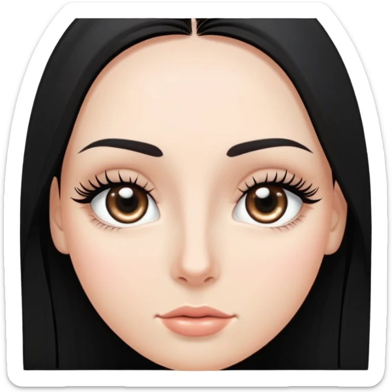 White girl with long oval shaped face, large almond shaped eyes with long eyelashes, long straight black hair falling in front of her bare shoulders, face closeup sticker
