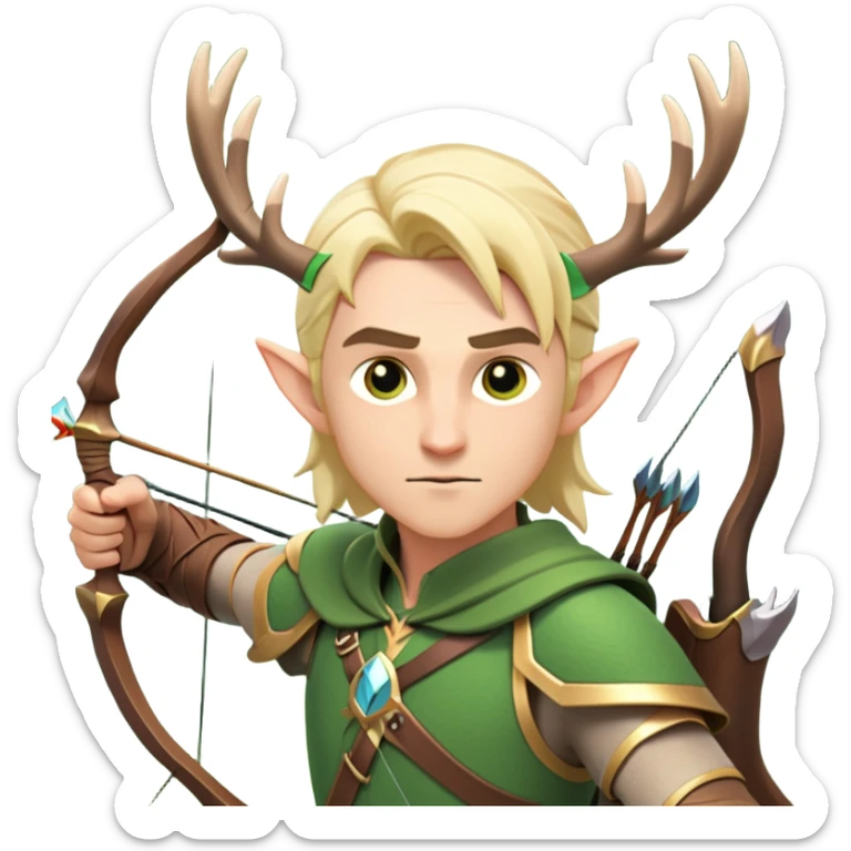 clash-of-clans-aesthetic-blond-male elf-archer-portrait-emoji, rendered in a flat, vector-style with minimal shading and bold holding his bow, simplified shapes, head tilted slightly forward with a determined, focused expression, riding a majestic stag whose antlers glow with mystical energy, set against an ancient, enchanted forest backdrop. sticker