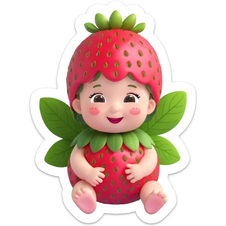 3D cartoon-style strawberry fairy baby, round face, pink skin, strawberry leaves and a small strawberry on top, laughing expression sticker