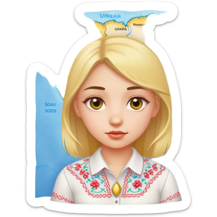 A Ukrainian girl in a white embroidered shirt holds a map of Ukraine sticker