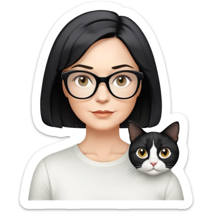 white woman, about 50 years old, light warm skin, short black bob haircut with slight waves at ends, neutral-determined expression, large black shiny butterfly or cat-eye glasses, white casual t-shirt, calm and creative energy sticker