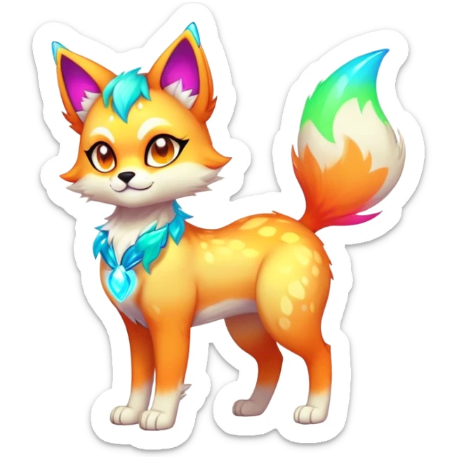 Vibrant multicolored neon-colored Falvie-Fionbri-creature-sparkle-feline-canine-hybrid-fursona, full body sticker