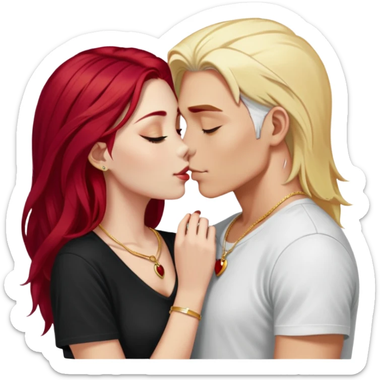 couple kissing, girl with long cherry red hair, blonde eyebrows, gold A necklace, boy with SHORT PURE WHITE HAIR (not blonde, not gray, but WHITE like snow), dark t-shirt, silver ring sticker