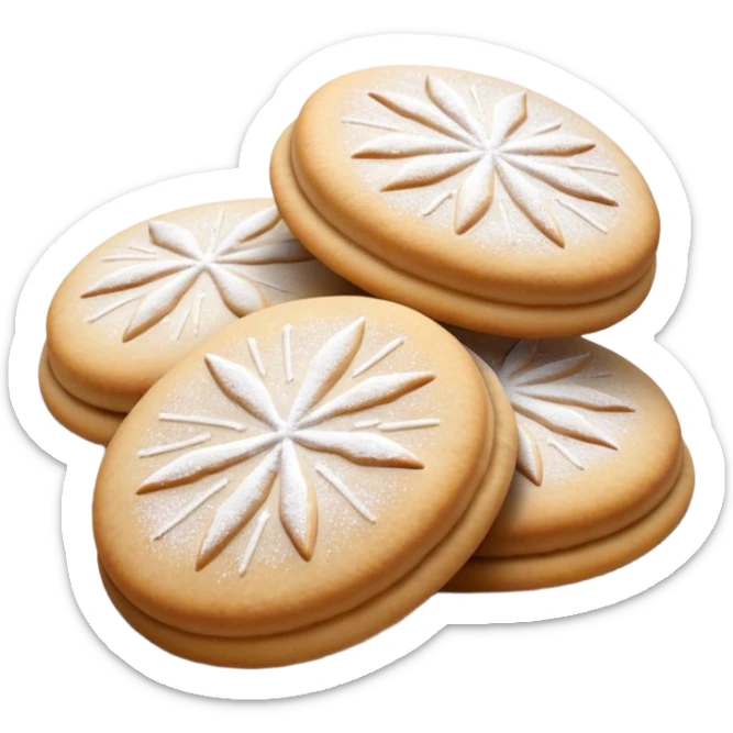 Ma'amoul Cinematic Realistic Ma'amoul Dessert Emoji, depicted as one or two delicate, date-filled cookies lightly dusted with powdered sugar, rendered with intricate textures and warm, inviting lighting. sticker