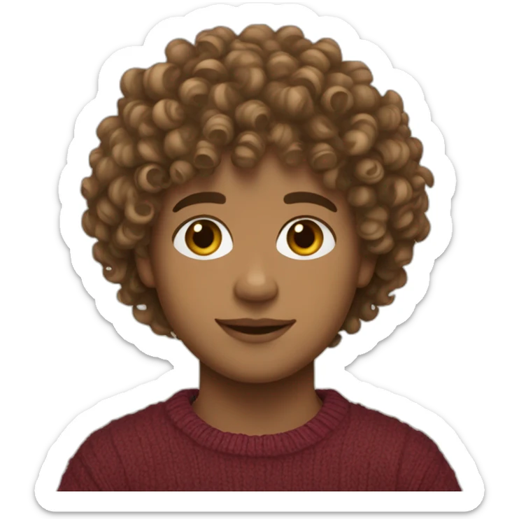 Boy with curls from Venezuela, semi-light brown curly hair. Wearing a sweater with fringes of 3 aesthetically pleasing colors. sticker