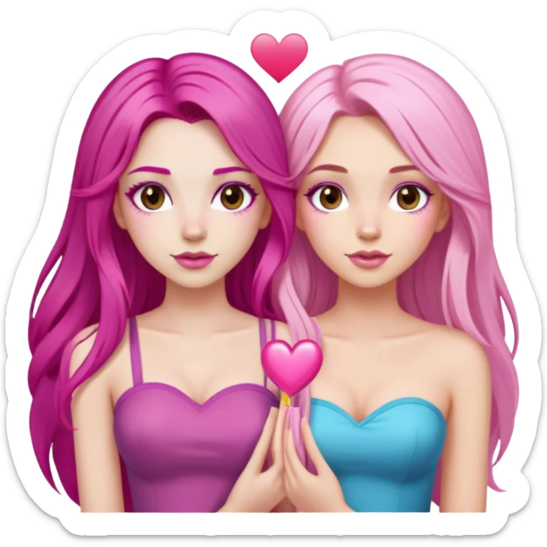 gorgeous pale girl with long magenta pink hair latina makeup next to a gorgeous girl with blonde hair brown eyes and a light pink heart above them both wearing tube tops sticker
