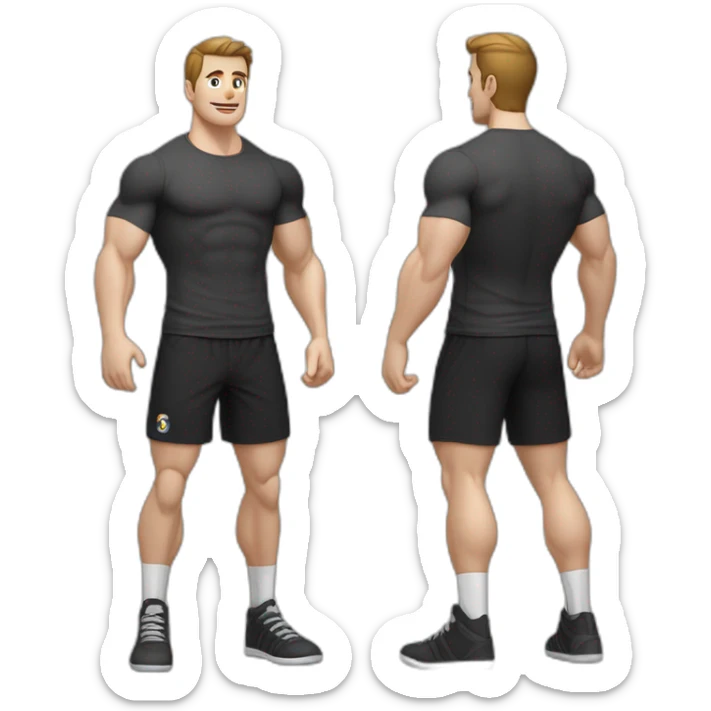 Pale skinned Fit Man With the biceps and dark brown hair in black shirt, gray sports shorts and white Sneakers Relies on the crossbar sticker