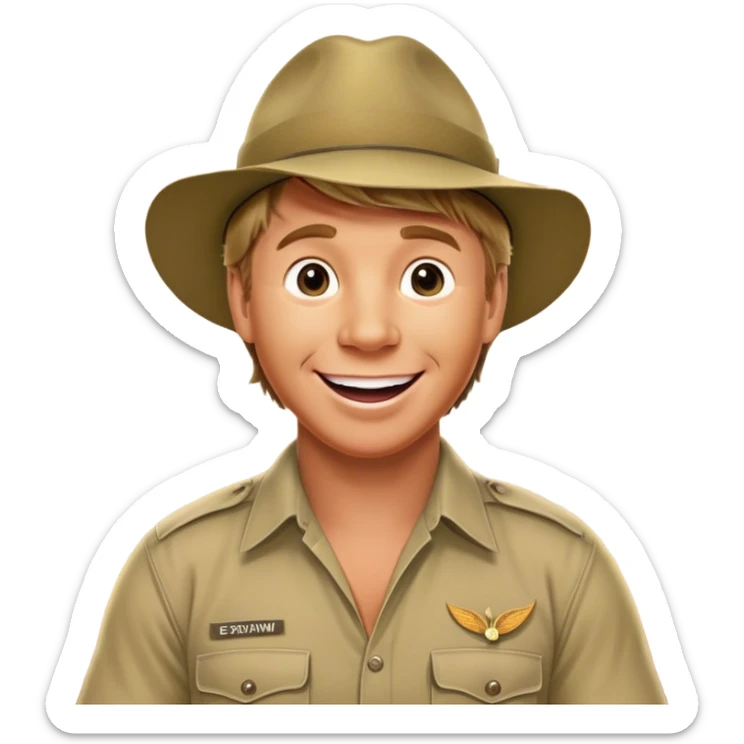 Cinematic Realistic Steve Irwin Portrait Emoji, depicted as a passionate wildlife expert in his signature khaki attire with an enthusiastic smile and a backdrop of the Australian outback, rendered with vibrant textures and dynamic natural lighting that captures his adventurous spirit. sticker