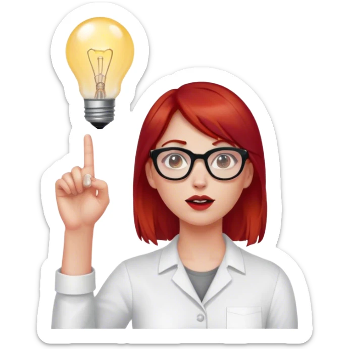 intelligent and clever, 30 year old, girl, red-blood hair, glasses, has an idea and holds her finger in the air, light bulb over the head sticker
