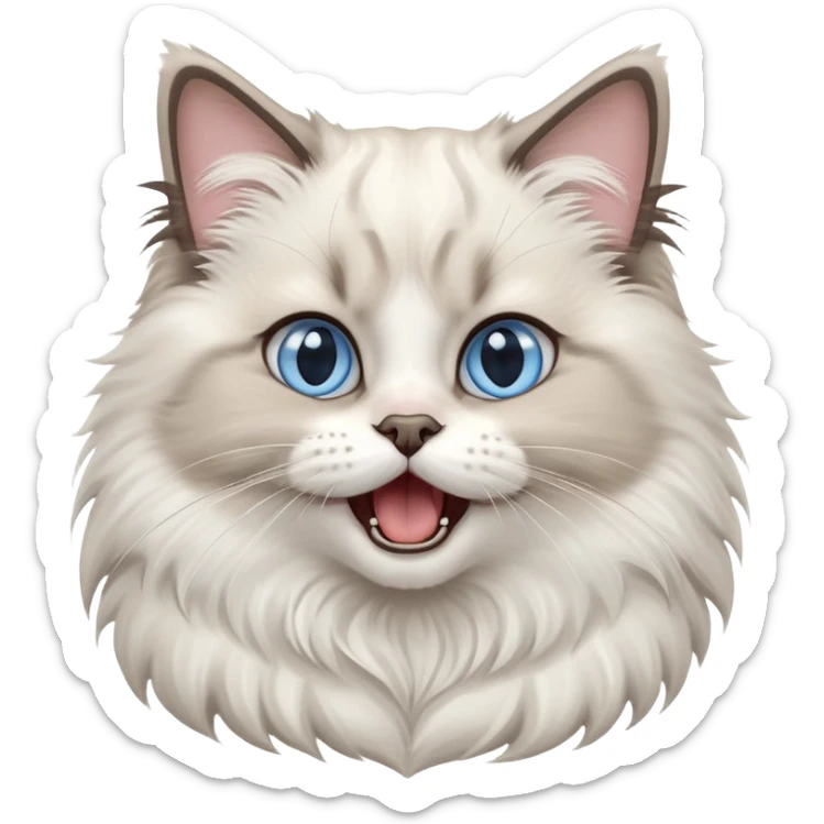 cinematic-adorable-big-eyed-fluffy-ragdoll-cat-portrait-emoji,-head-tilted-playfully-with-a-cute,-yawn,-white and grey fur,-simplified-yet-irresistibly-cute-features, blue eyes sticker