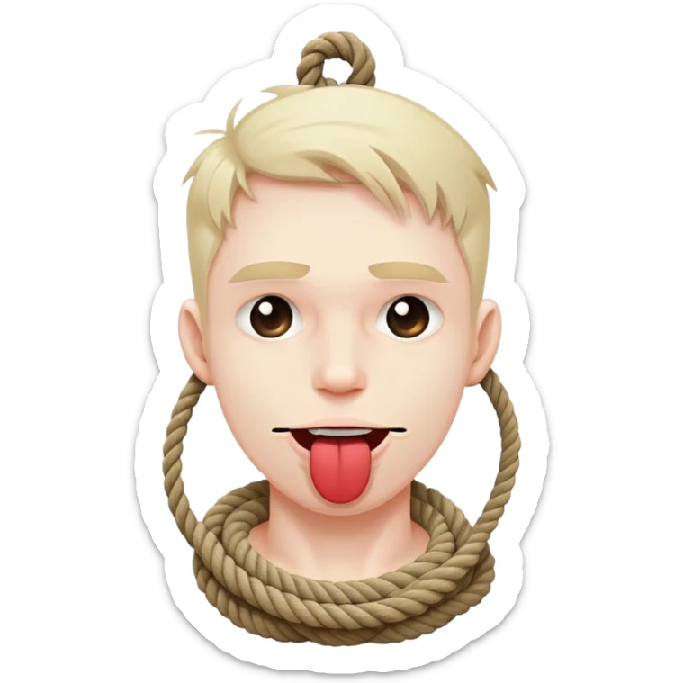 A man with a rope tied by his neck, x mark eyes and the tong is out sticker