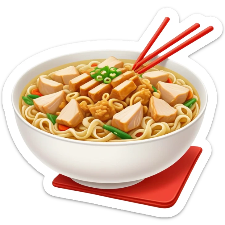 Xinjiang Big Plate Chicken Noodles with wide hand-pulled noodles and chicken chunks, simplified emoji style with bold outlines and bright colors, cartoon style Da Pan Ji with noodles sticker