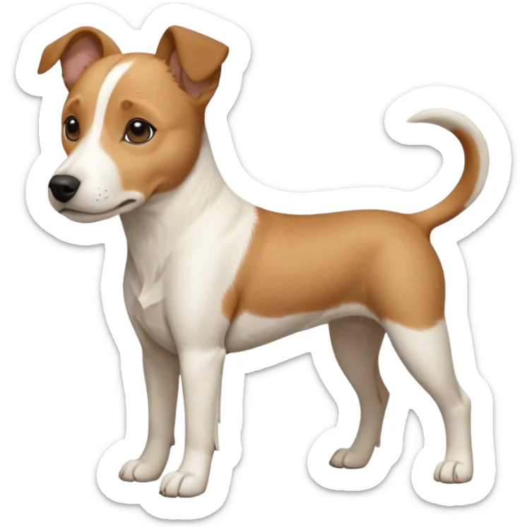 a full body facing front on of a buff white beagle cross jack russell terrier looking dog the size of a kelpie with light brown long ears resting on its face and a light brown patch above one eye and a large snout. the rest of the dog is completely white.  sticker