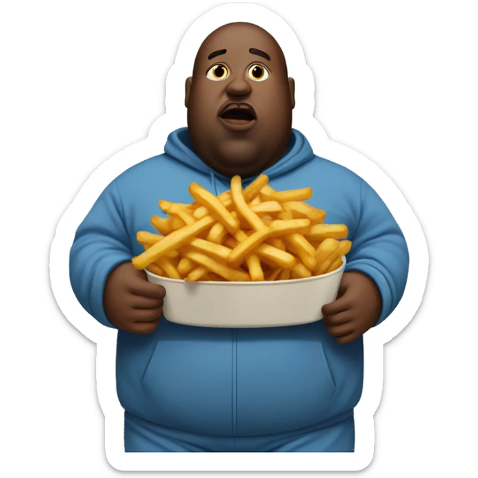 fat man in dirty blue sweatsuit with chili cheese fries in his mouth sticker