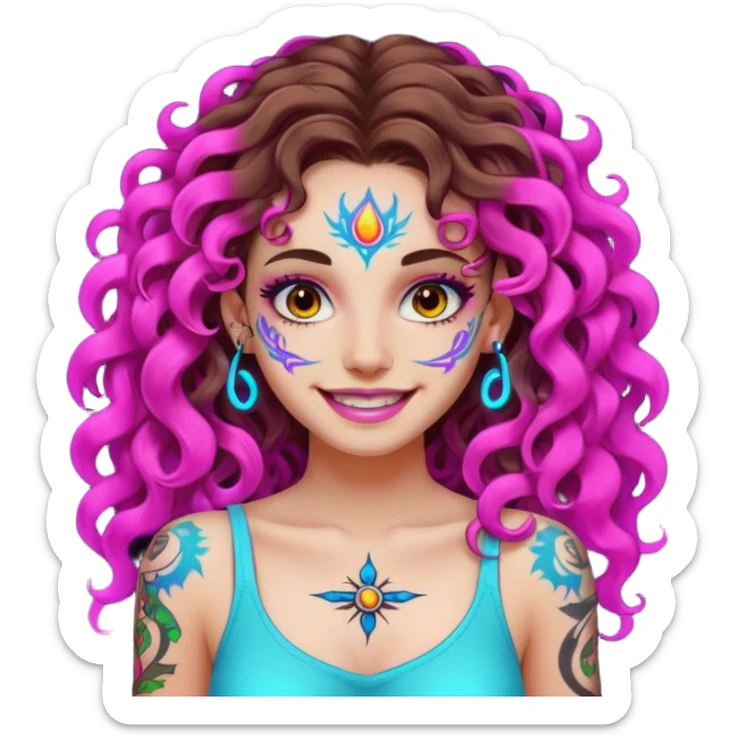 woman with long curly brown hair, brown eyes, white skin, tattoos, fake innocent smile with chaotic neon aura sticker