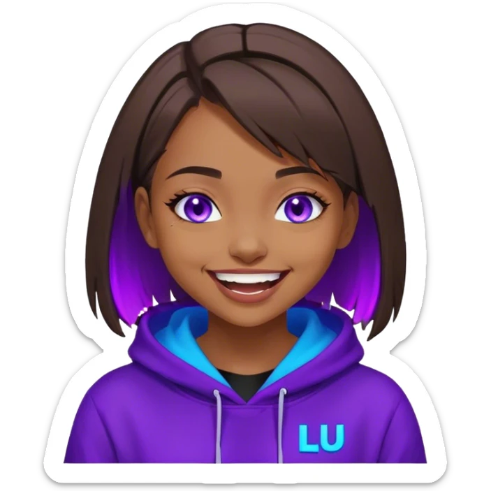 brown haired girl with a bob and blue eyes wearing black hoody with violet letters "Lu", laughs. Cyberpunk style. Violet neon. sticker