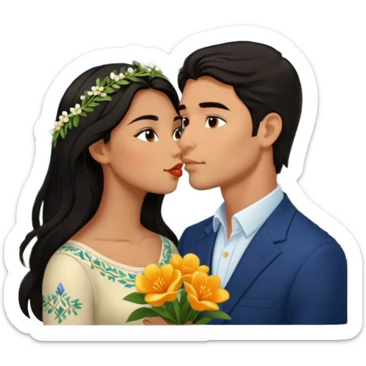 Kissing Couple traveling in Montenegro russian man and elegant  Latina girl delicate flowers and mountains in the background  sticker