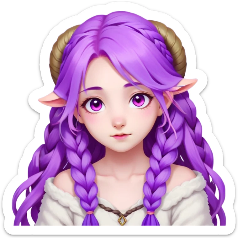 1 girl, long flowing purple hair with braided strands, vibrant and soft color palette, inspired by spirit blossom theme from league of legends, long hair, loose wave straight haircut, sheep horns,
pink eyes, young, skinny, japanese themed, 💕, 🌸, spirit blossom kindred, kindred, league of legends character, shy expression, shy, blush, (pink heart o-ring choker), white t-shirt, (off shoulder) sticker