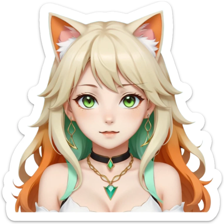 Beautiful gorgeous pretty anime lady, round-big-cat-feline-ears, nekomimi, kemonomimi, long wavy whitish-beige-hair with gradient-orange tips, colorful green eyes with thin slit pupils, black collar, wearing a white bra, gold-brown-Orange necklace, fair skin, Cyan triangle-shaped earrings sticker