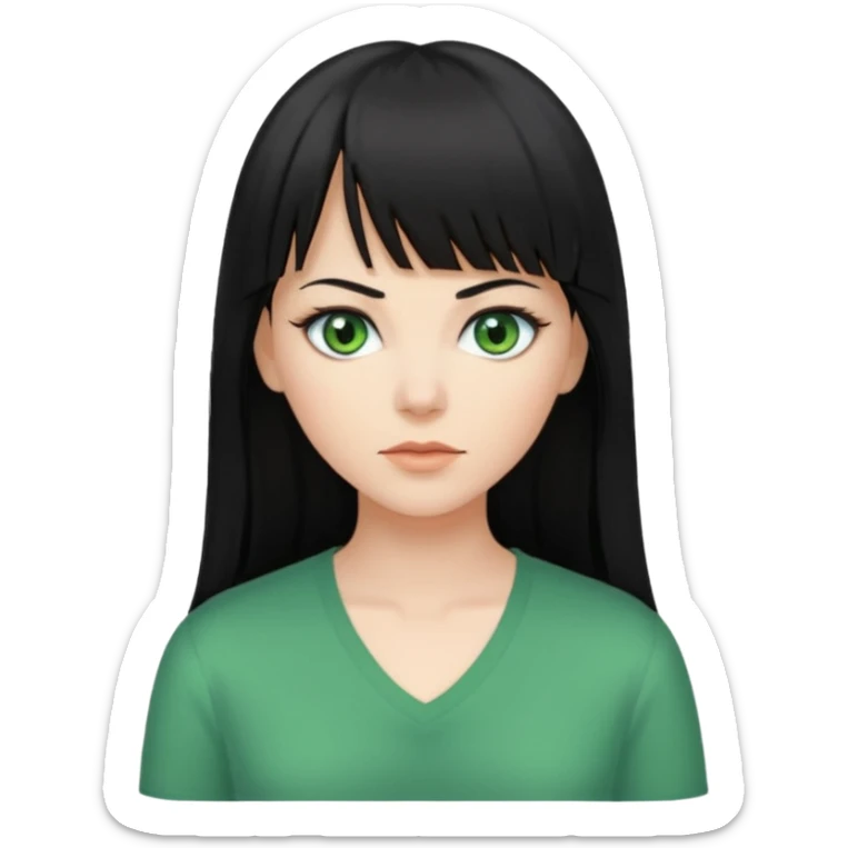 A white woman with Long straight hair with bangs, black hair, green eyes and a low-cut shirt sticker