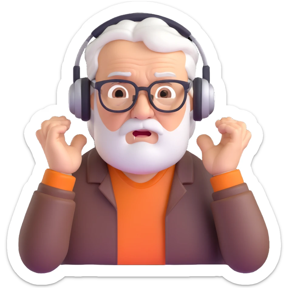 Brown old man with medium white hair, wearing glasses and headphones, looking surprised and angry, no facial hair, chubby, looking to the upper left corner sticker