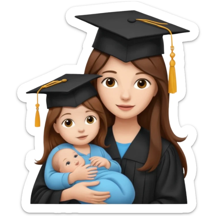 "Woman with long brown hair and fair skin wearing a graduation cap, holding a baby who has a hat and fair skin." sticker