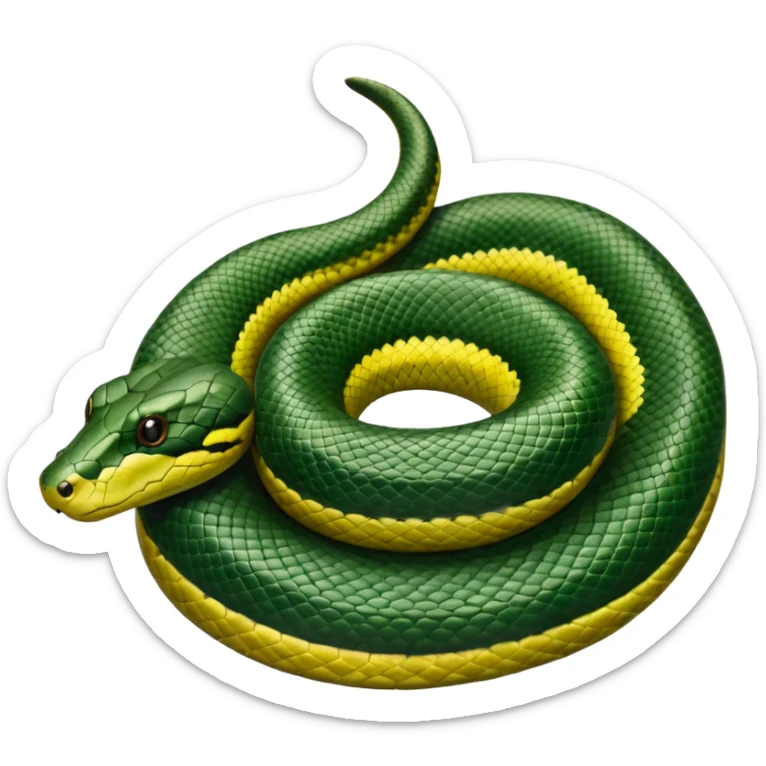 A photo-realistic top-down view of a Green Anaconda tightly coiled in a spiral, with its broad, flat head resting at the center. Its thick, muscular body is olive-green and covered in symmetrical, bold black oval spots that stand out against its smooth scales, creating striking natural camouflage. sticker