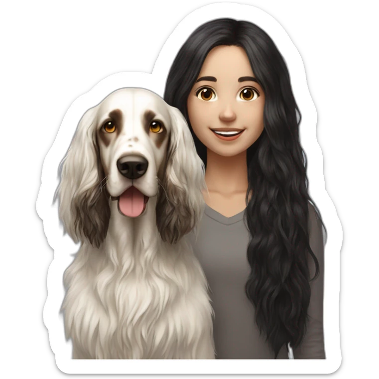 hyperrealist caucasian girl black long hair with brown english setter dog sticker