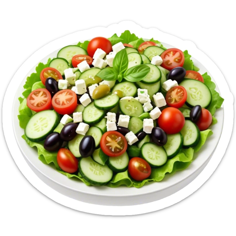 Cinematic Realistic Greek Salad Dish Emoji, depicted with crisp lettuce, tomatoes, cucumbers, olives, and feta cheese rendered with vibrant textures and fresh, natural lighting. sticker