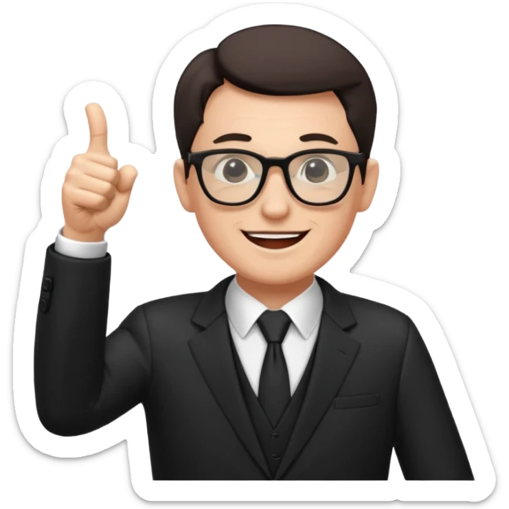 un PROFESOR con terno negro que este parado con sus lentes guiñando el ojo y CON LAS MANOS HACIA ARRIBA DANDO LIKE sticker