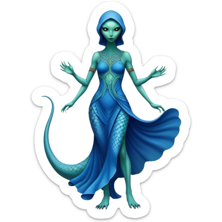 a reptilian alien woman full body, in blue dress sticker