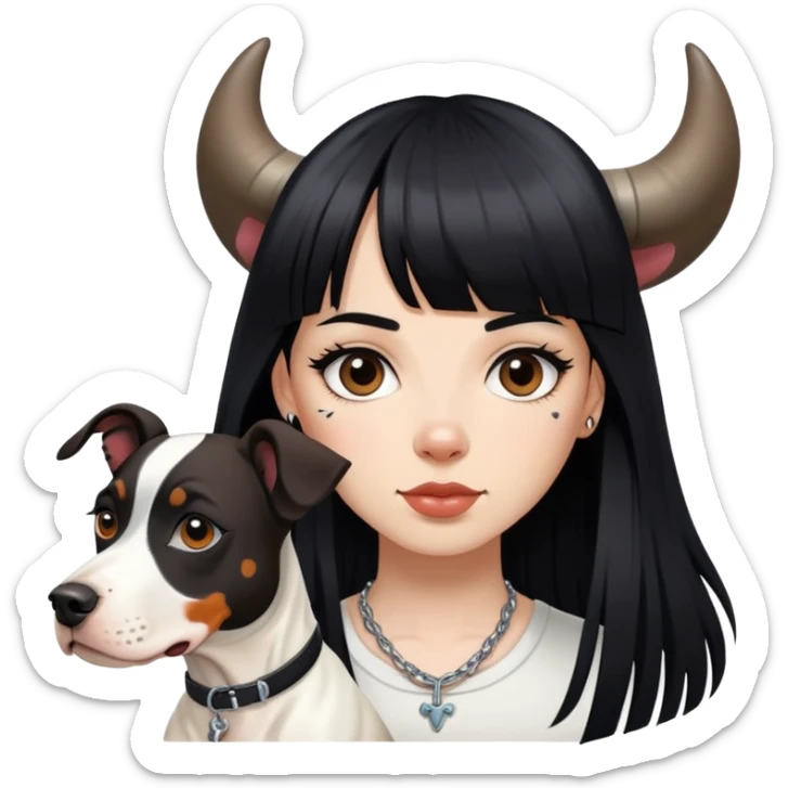 girl with long black  straight bangs hair with tattoo and a Springer dog  and  bull a terrifying dog sticker