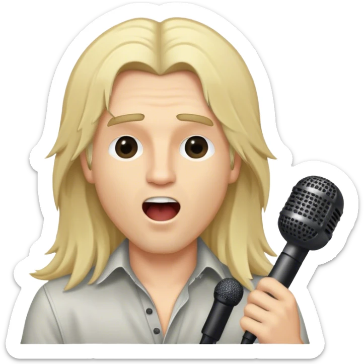 close up head of a male blond rock singer with long hair singing into microphone sticker