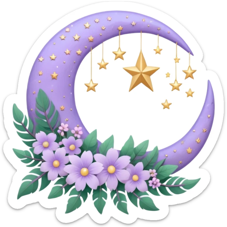 Beautiful poetic aesthetic sparkly glittery shiny pretty floating pastel lilac lavender Violet crescent-moon and flowers and leaves and feathers and sparkles and stars aesthetic deco sticker