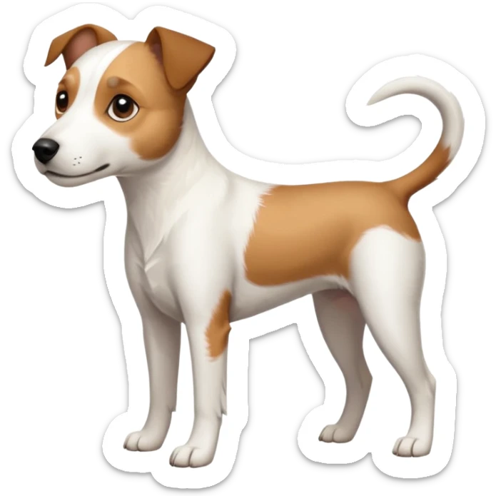 a full body slightly chubby white parson russell terrier looking dog the size of a kelpie with light brown long ears and a light brown patch on one eye and a large snout. the rest of the dog is completely white. forward facing sticker