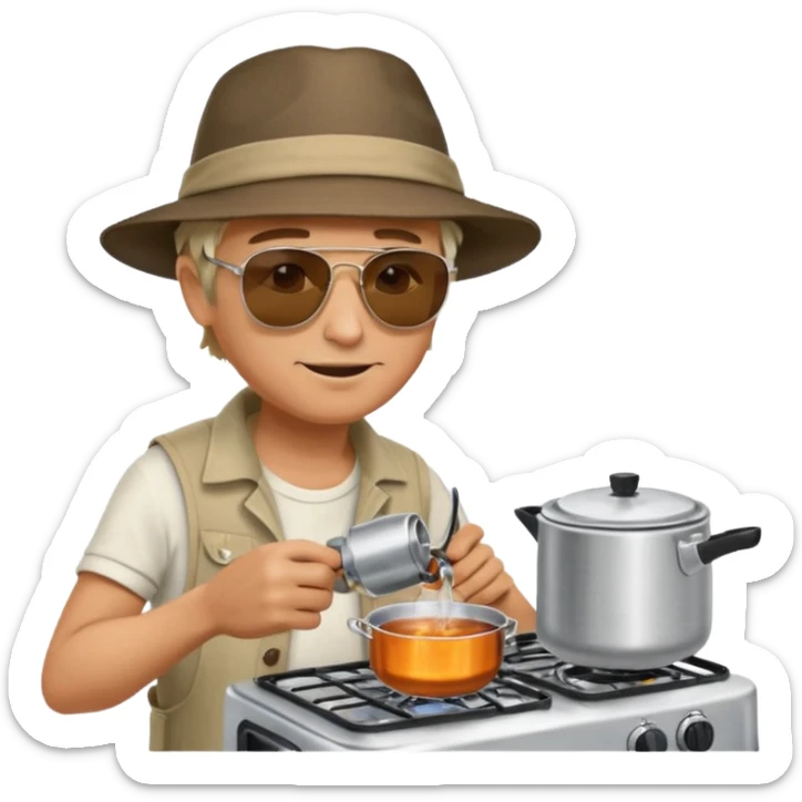 A man camper boiling water on a portable stove, enjoying the outdoor breeze.
 sticker