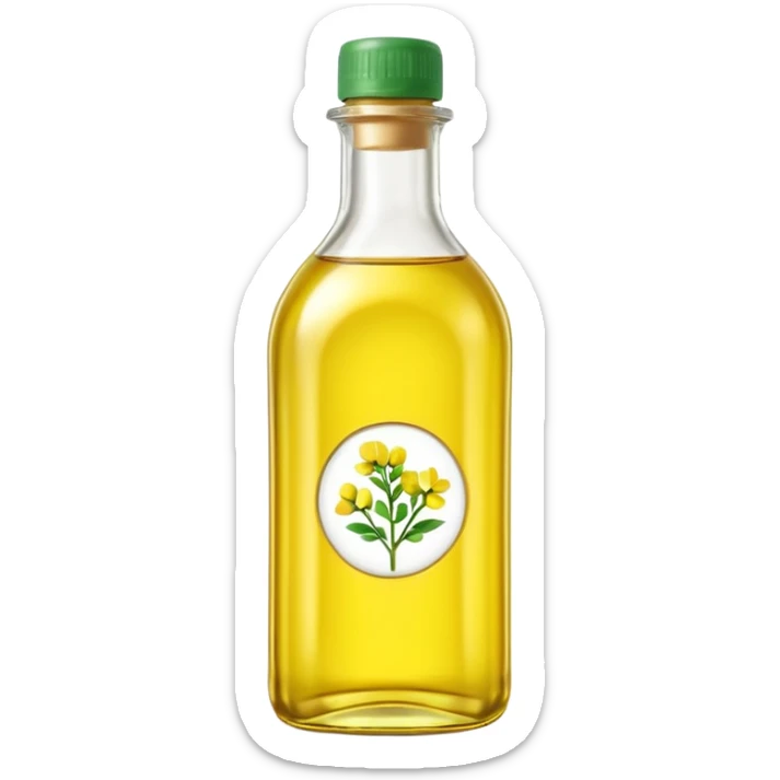 rapeseed oil bottle transparent with pale yellow oil, simple curved or rectangular shape, green or neutral cap, no branding, light clear smooth oil with soft golden glow, no label, clean 3D style, soft shadows, emoji scale sticker