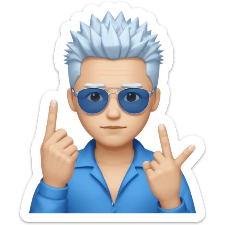 young man wearing, blue sunglasses, spikey white hair, one hand two finger crossed sticker