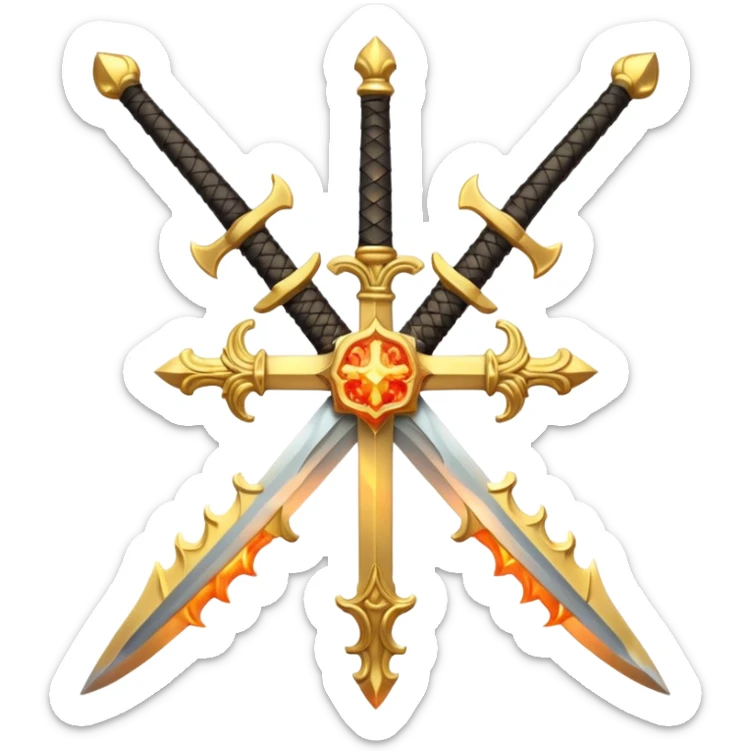Royal looking two swords in a cross that have a slightly fiery look to them sticker