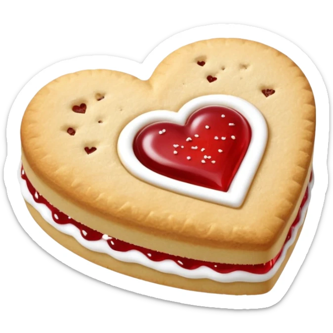 Realistic shortbread cookie in the shape of a heart with red jelly middle filling and sprinkled powder sugar on top. sticker