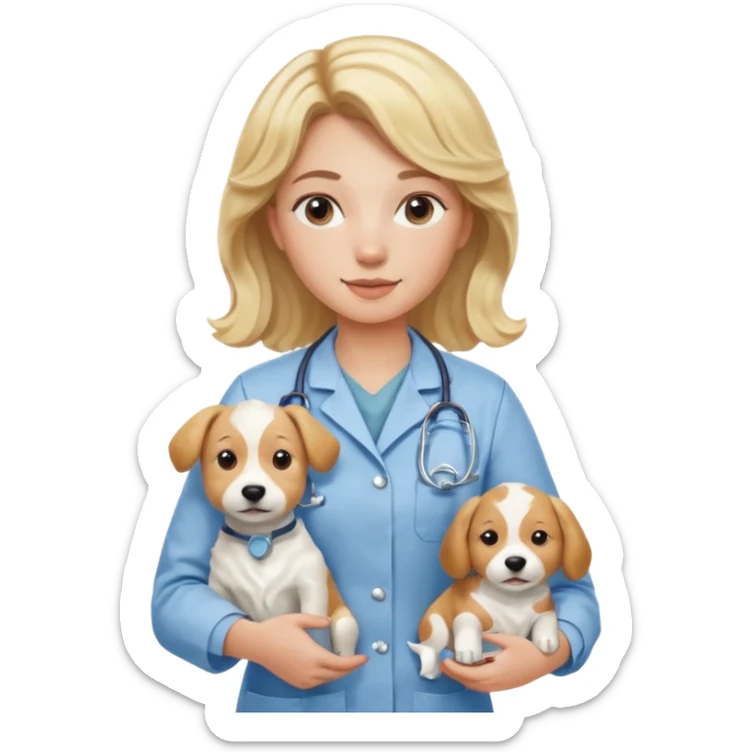 Joven mujer, de cabello bajo los hombros rubio con ondas, veterinaria de perros, vacas y caballos, con traje clínico celeste, sin delantal blanco sticker