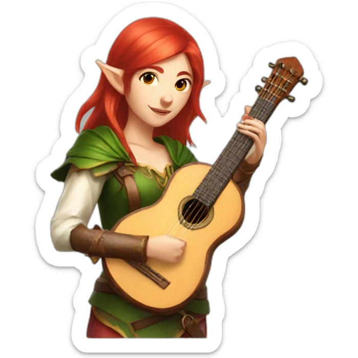 Baldurs gate 3 portrait of female elf bard with red hair playing a lute sticker