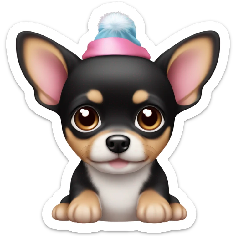 black & tan chihuahua puppy full body light blue eyes pink christmas hat on sticker