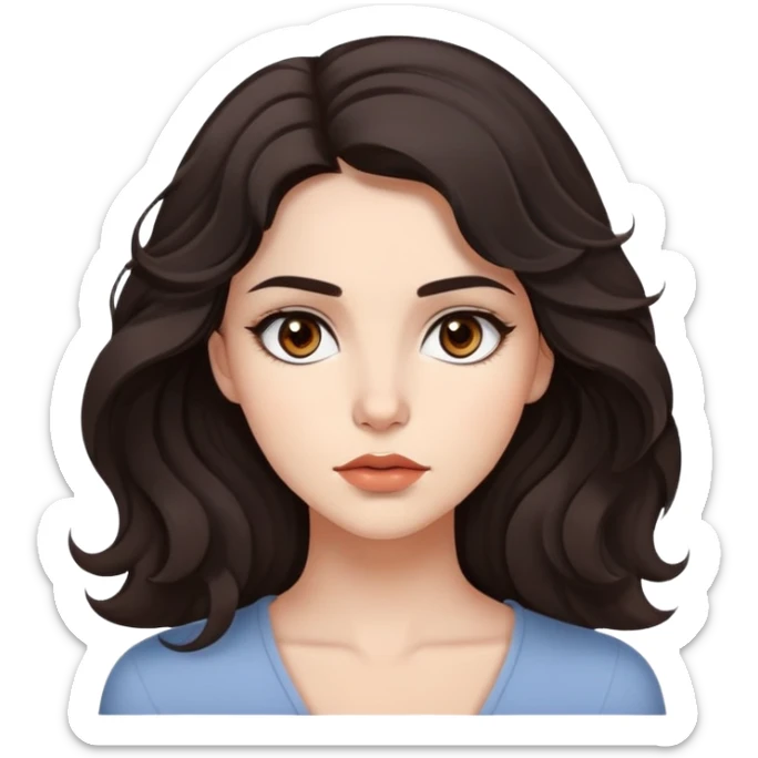 A young woman with dark wavy hair, expressive brown eyes, and a confident yet thoughtful expression. She has delicate features, full lips, and a slightly mysterious aura. Her look is modern yet effortless, with a subtle edge that reflects her bold personality sticker