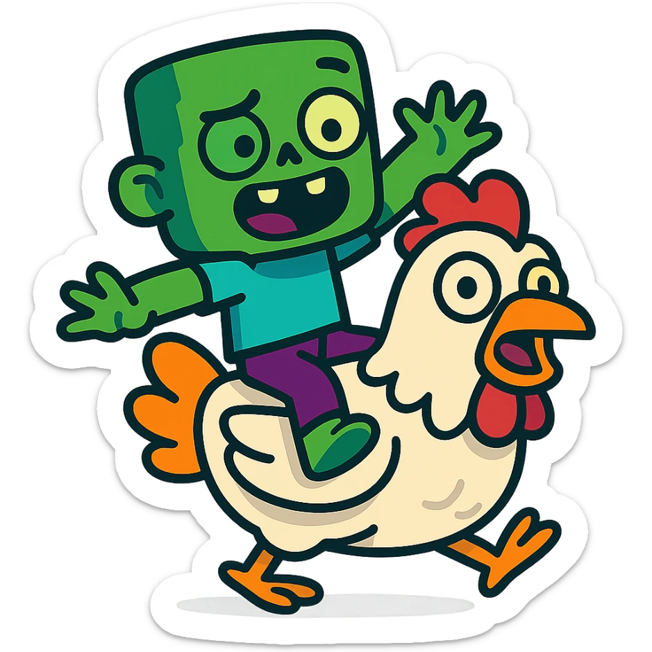 a green baby zombie riding a chicken, vibrant cartoon style, expressive, colorful sticker