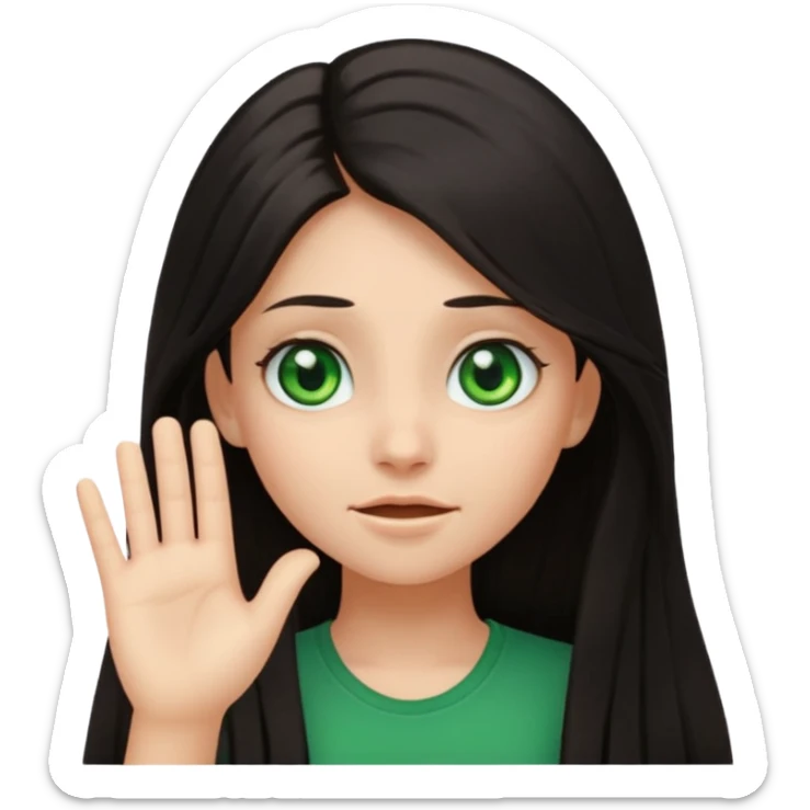Animated girl dark long hair green eyes emoji with duh facial expression ,one hand on top of her head sticker