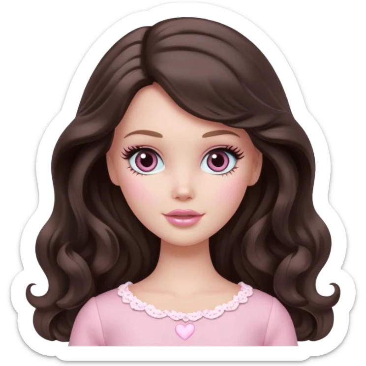 A white Barbie girl with long dark brown wavy hair in pale pink clothes have pale pink hearts instead of eyes sticker
