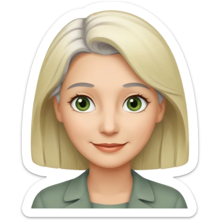 a woman in her late 40s and has greyish greenish eyes and blonde and grey hair sticker